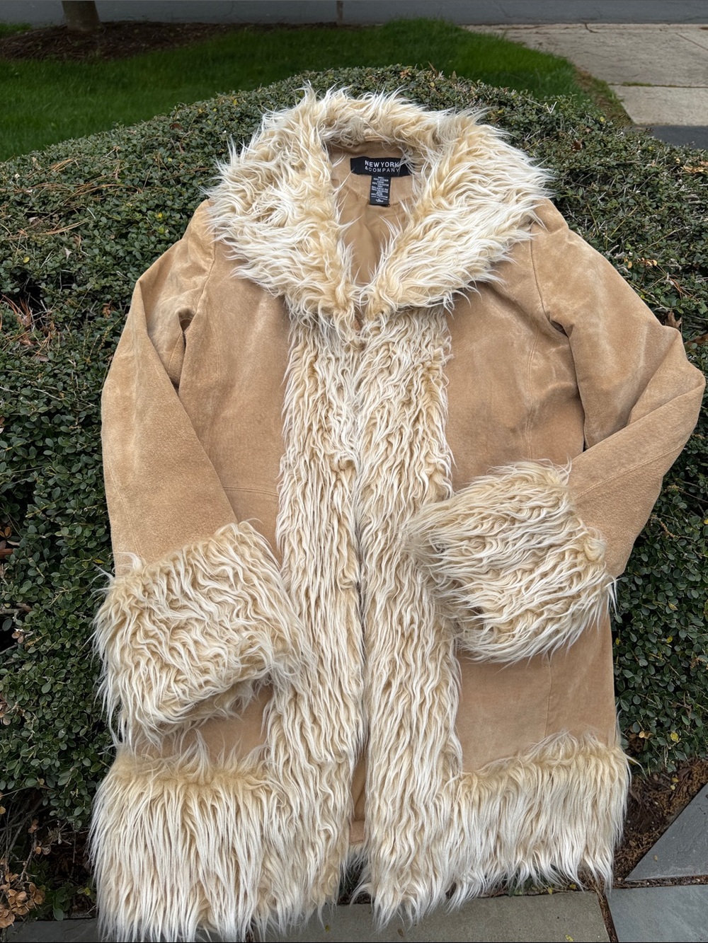 Tan Suede Faux Shearling Coat with Cream Trim